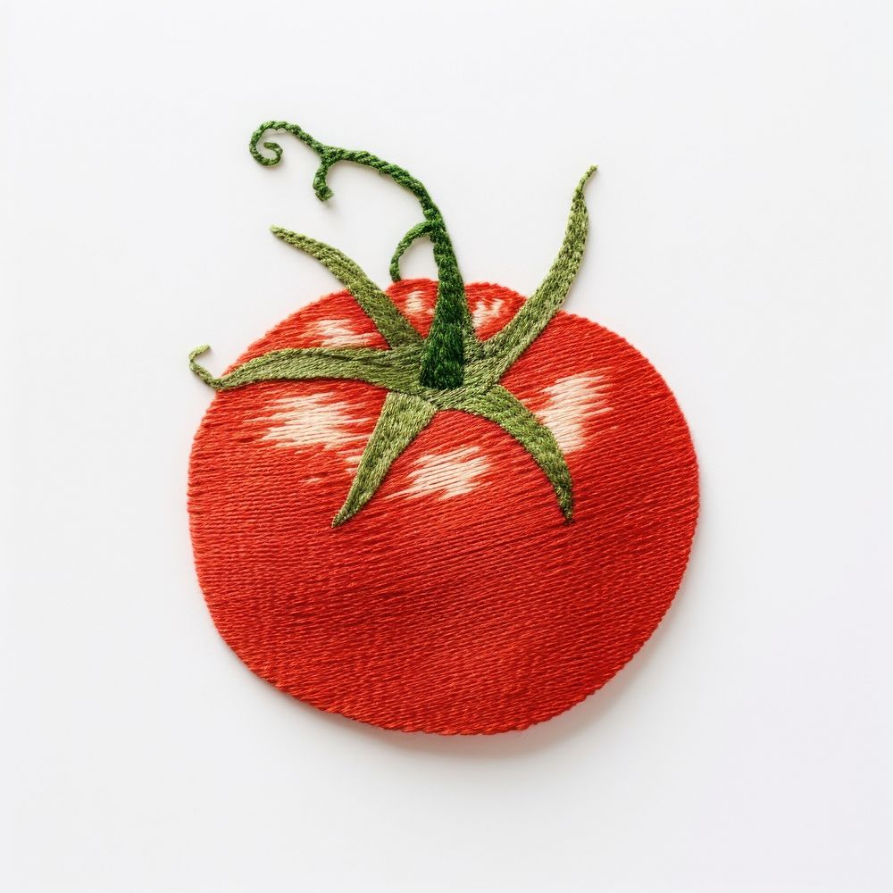 A tomato in embroidery style vegetable textile plant.