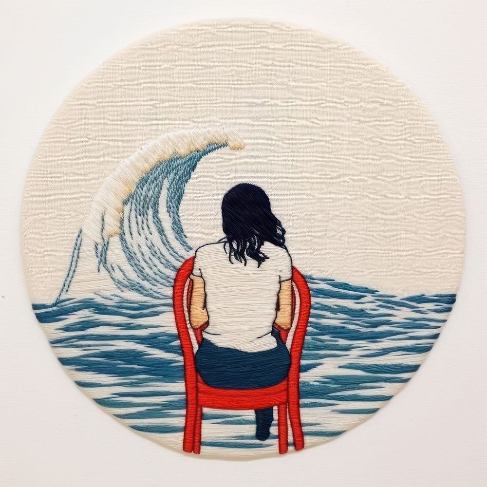 Woman in beach in embroidery style drawing sketch chair.
