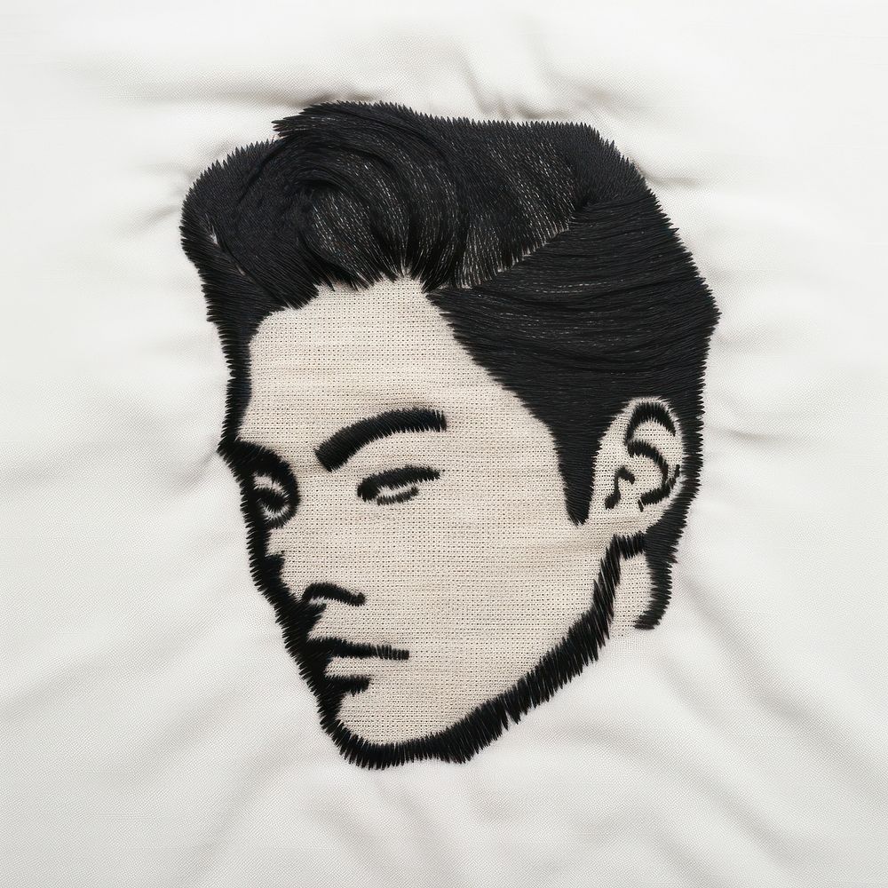 A Asian man head in embroidery style portrait textile drawing.