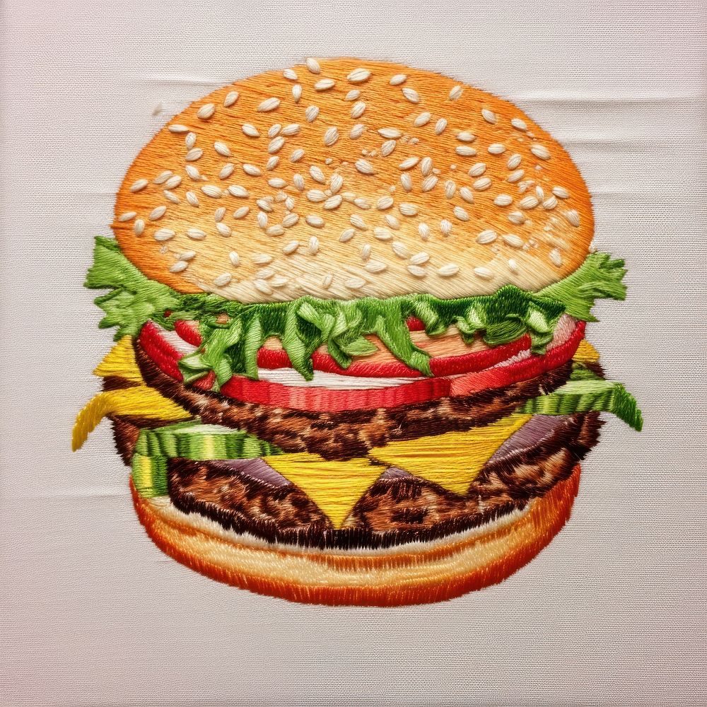 A burger in embroidery style food hamburger vegetable.