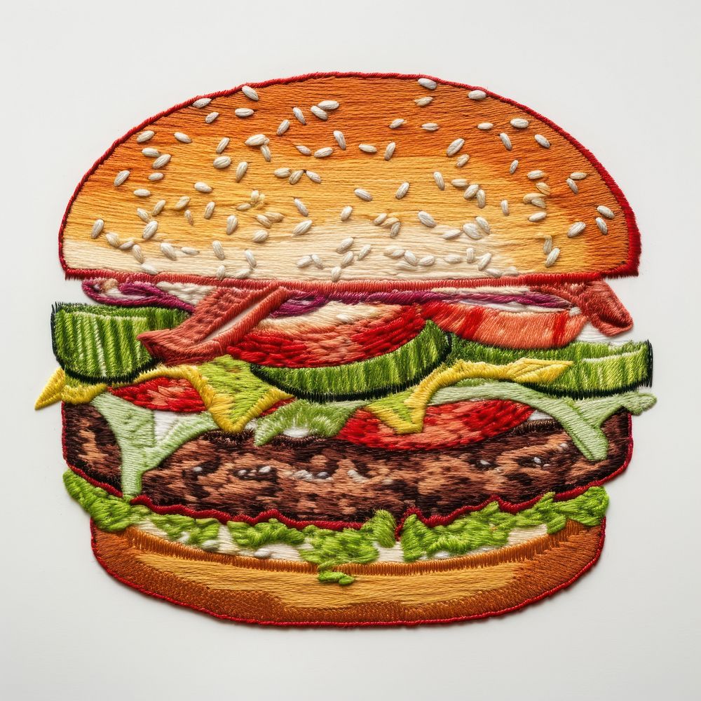 A burger in embroidery style food hamburger vegetable.