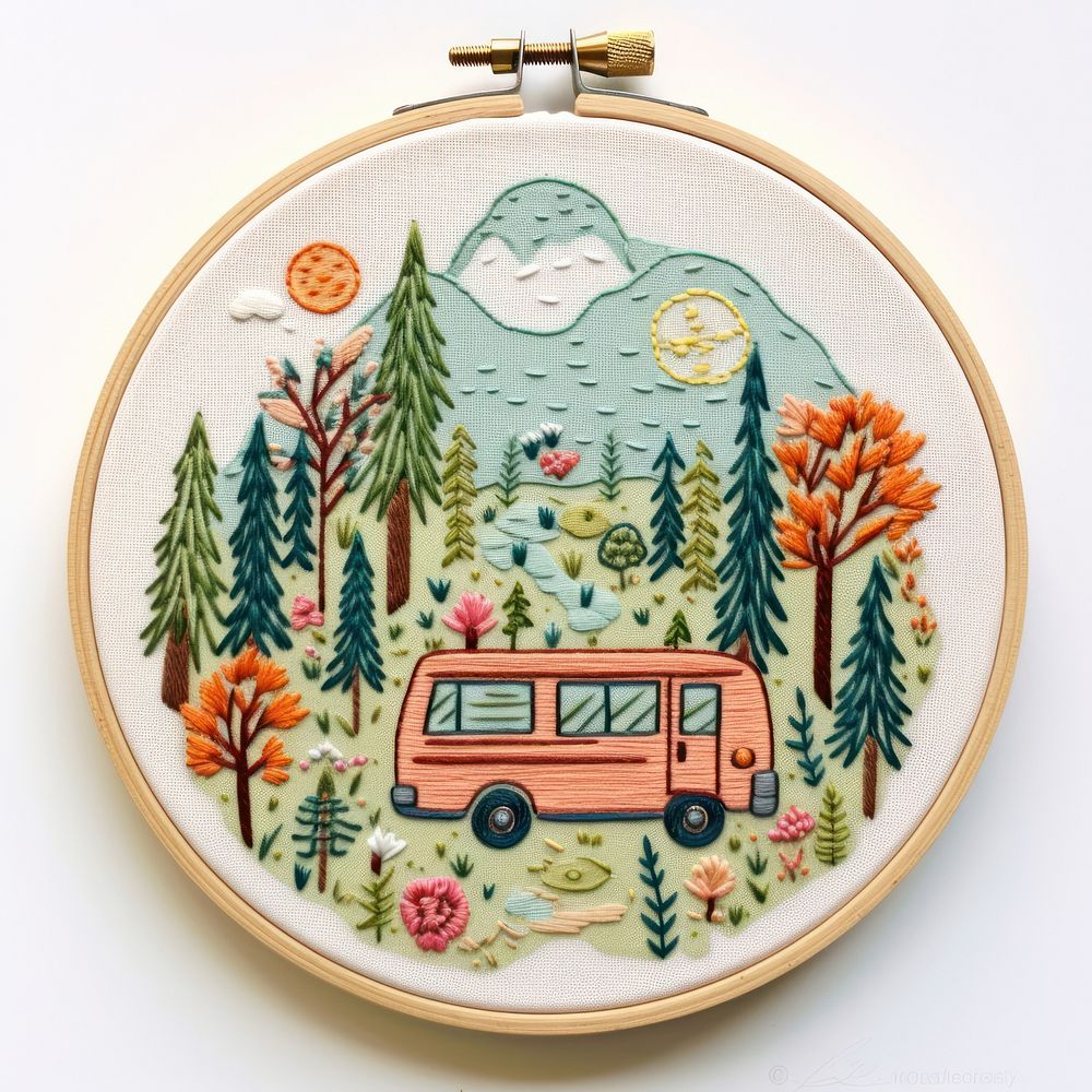 A camping in embroidery style needlework vehicle textile.