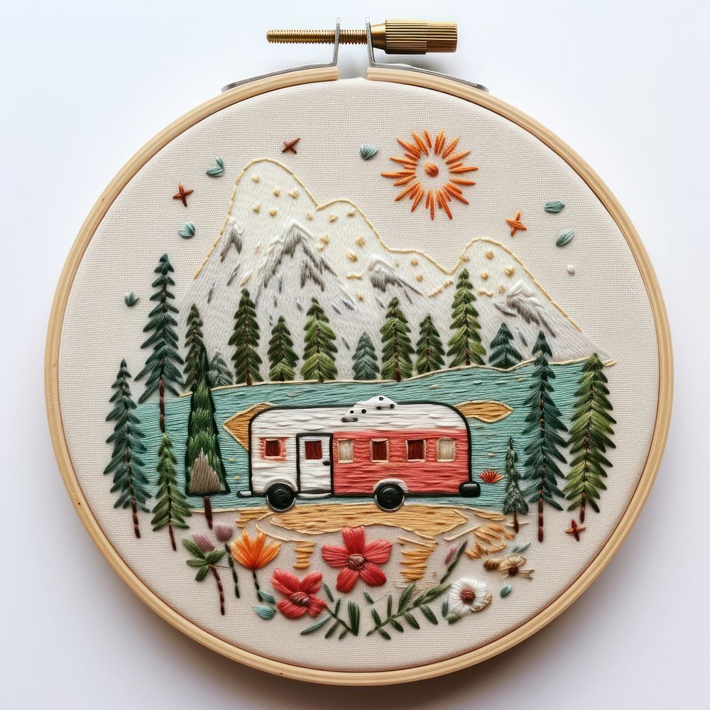 A camping in embroidery style needlework pattern representation.