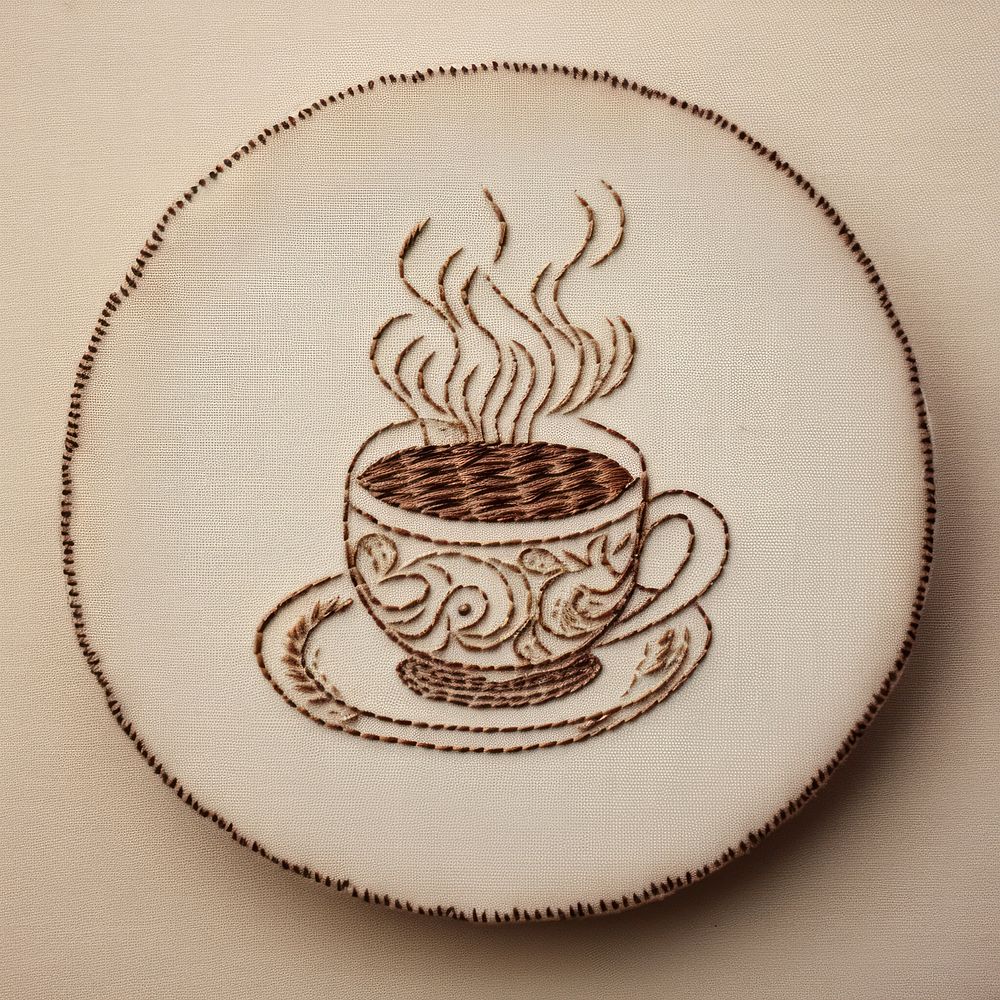 A coffee cup in embroidery style porcelain saucer drink.