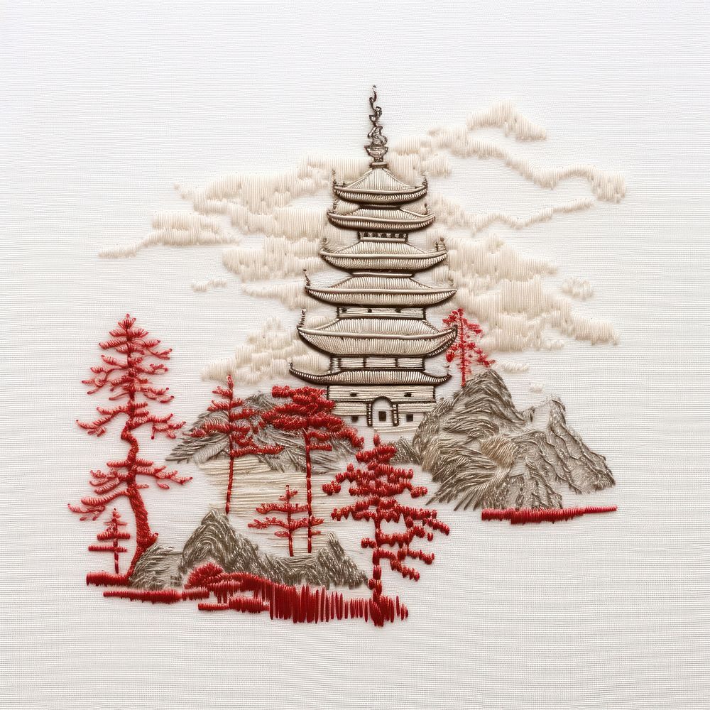 A japanese temple in embroidery style needlework pattern art.
