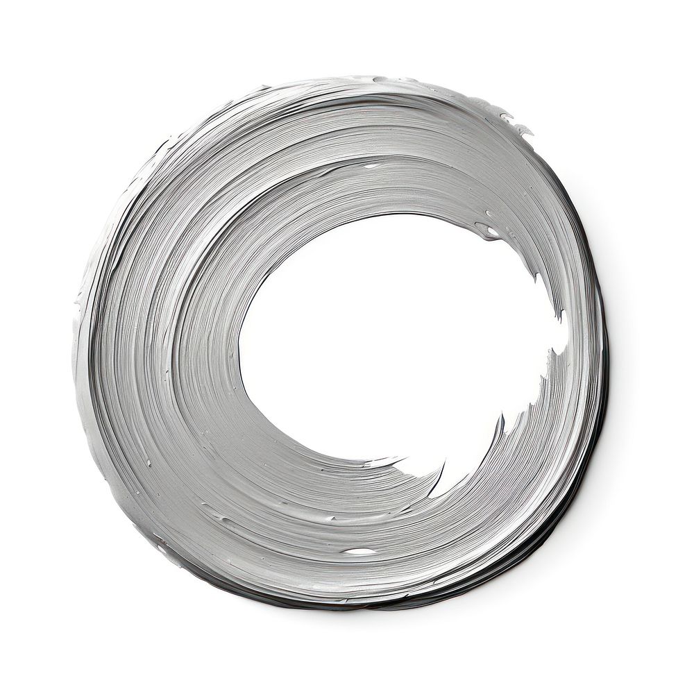 Silver flat paint brush stroke spiral shape white background.