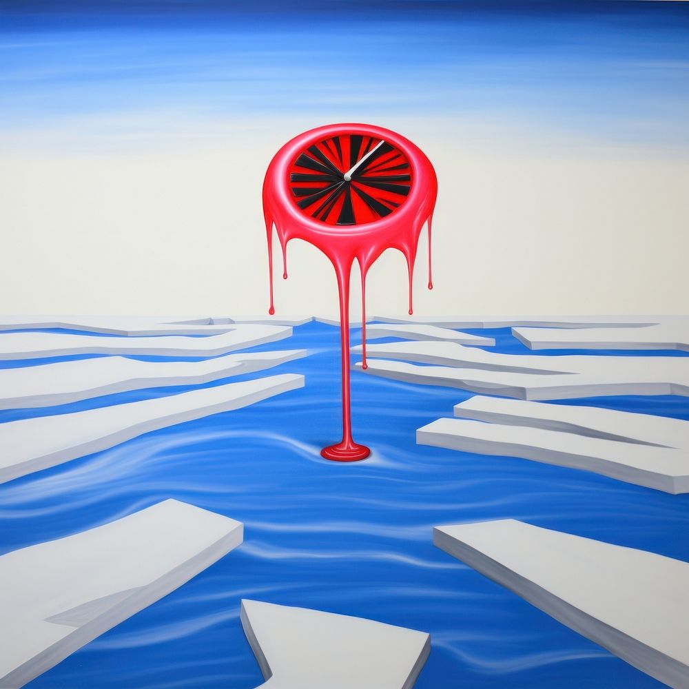 Surrealistic painting of compass melting art transportation architecture.
