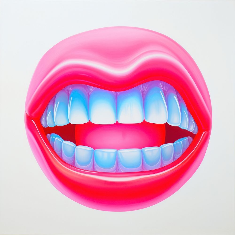 Surrealistic painting of bubblegum with teeth lipstick clothing smiling.