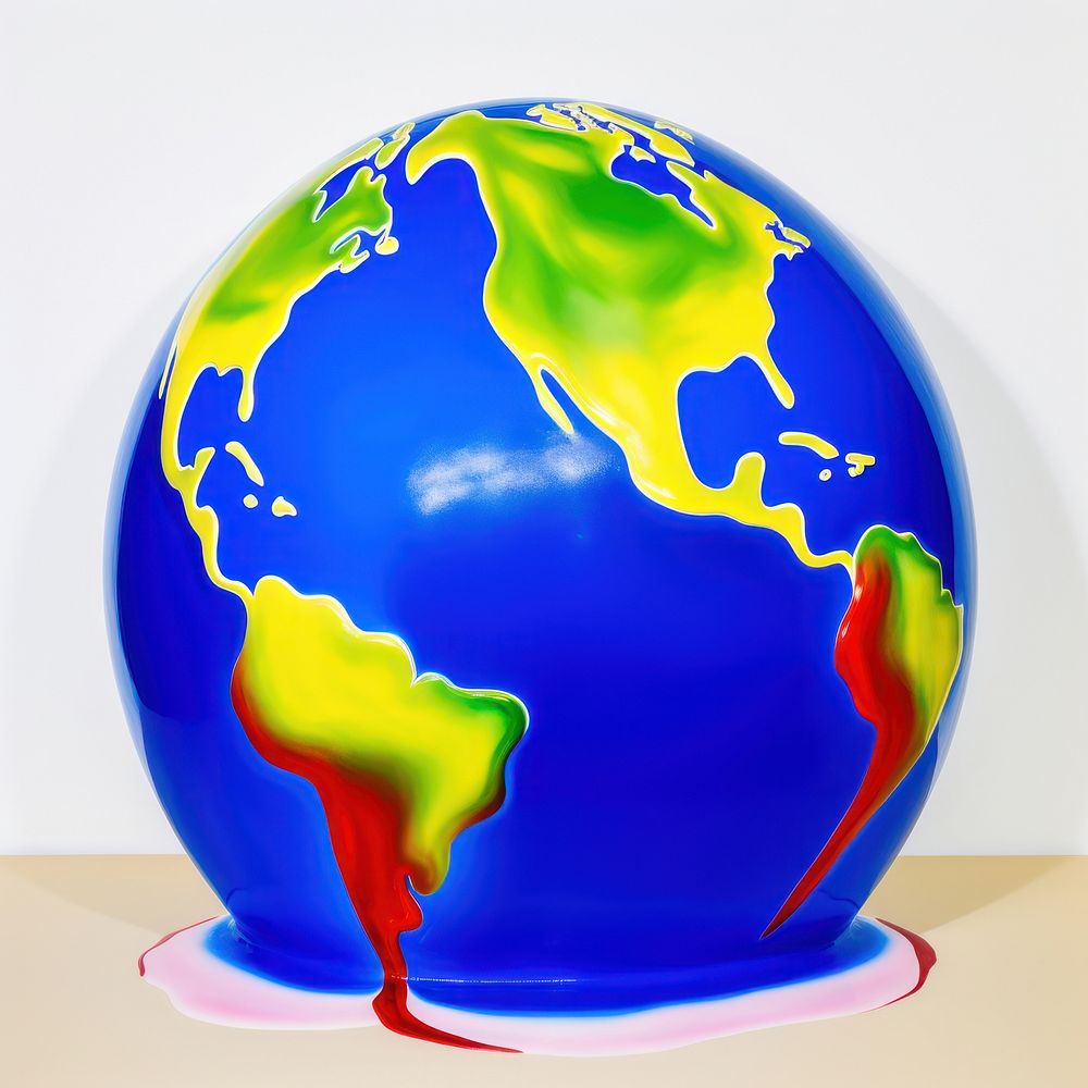 Surrealistic painting of earth melt sphere planet globe.