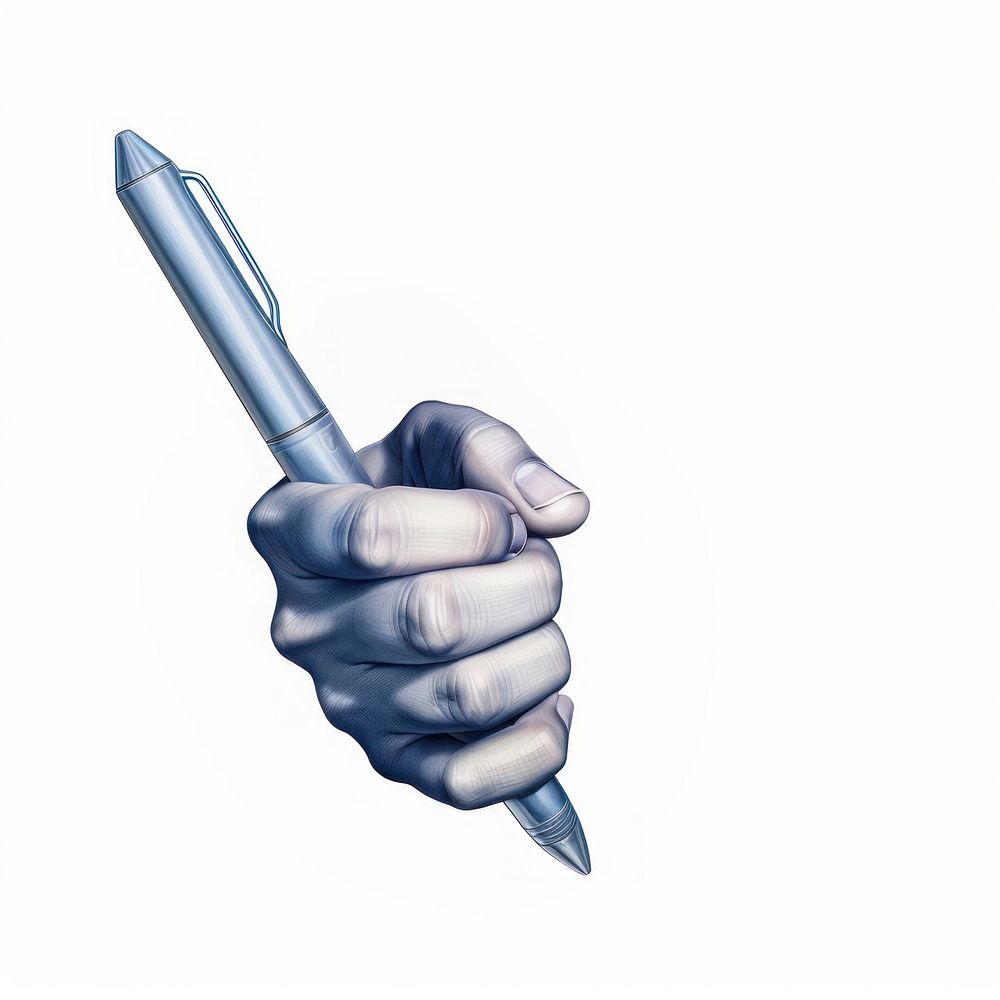 Surrealistic painting of hand holding pen white background syringe finger.