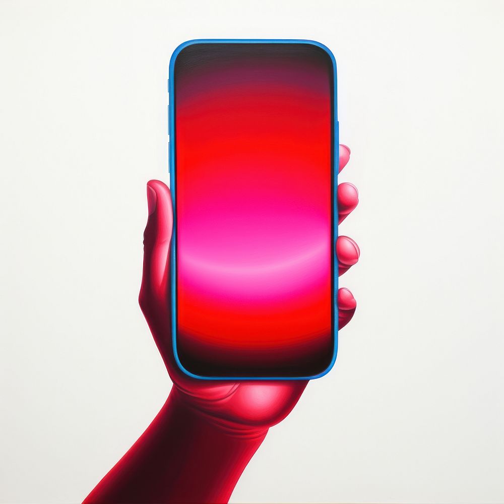 Surrealistic painting of hand holding smartphone photographing electronics technology.
