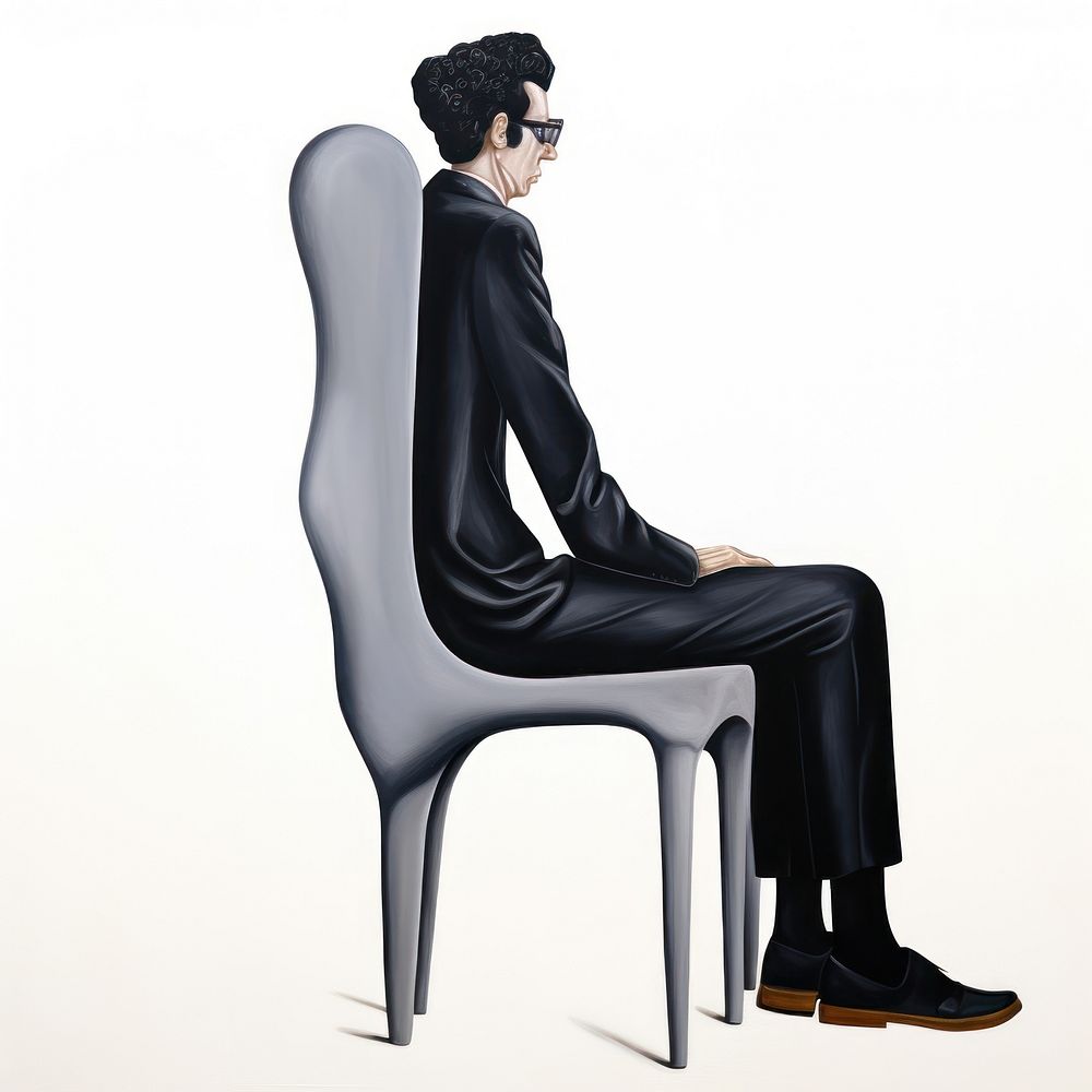Surrealistic painting of Man sit chair furniture footwear sitting.