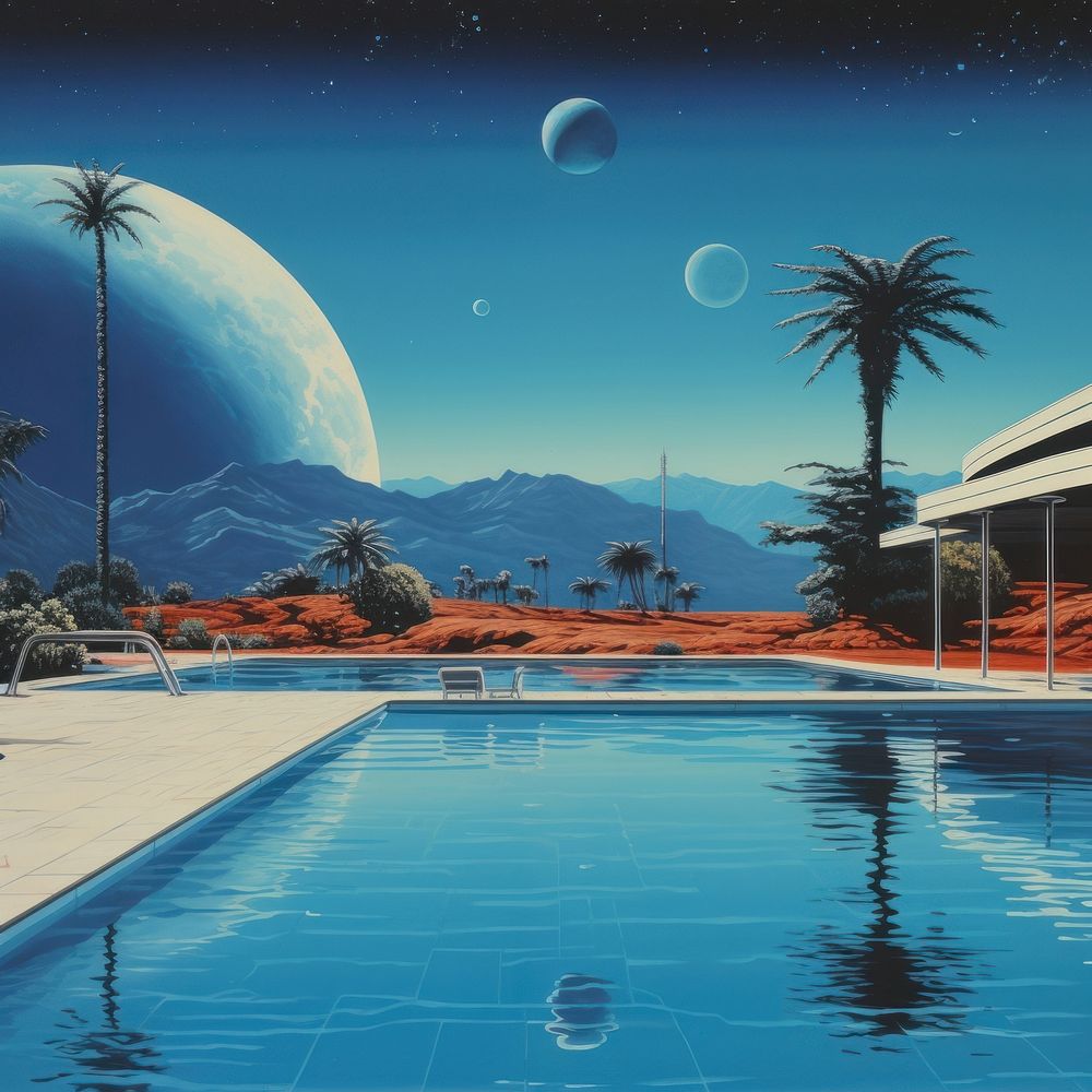 A large swimming pool architecture outdoors painting.