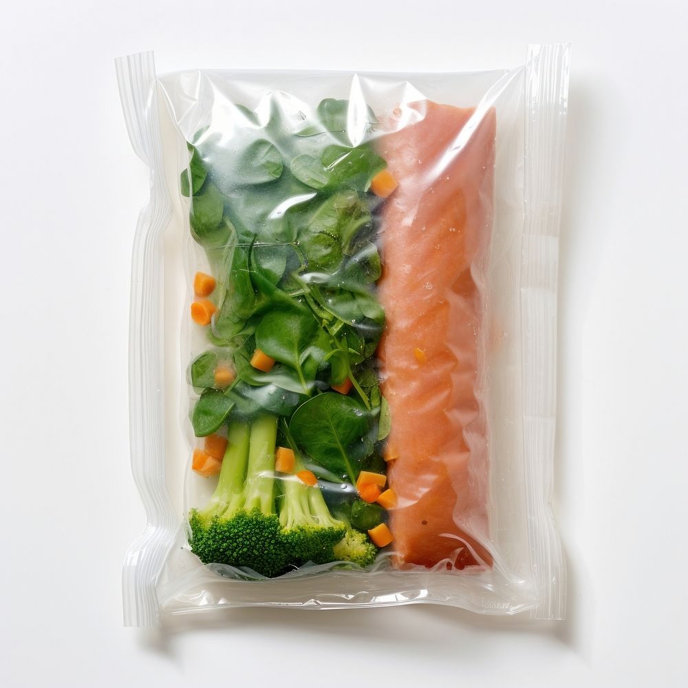 Plastic wrapping over food packaging white background vegetable freshness.