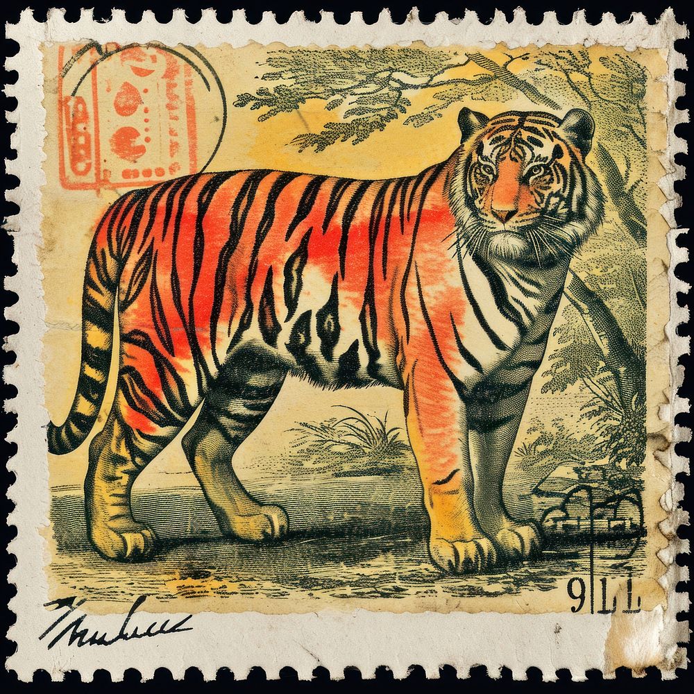 Vintage postage stamp with tiger animal mammal representation.