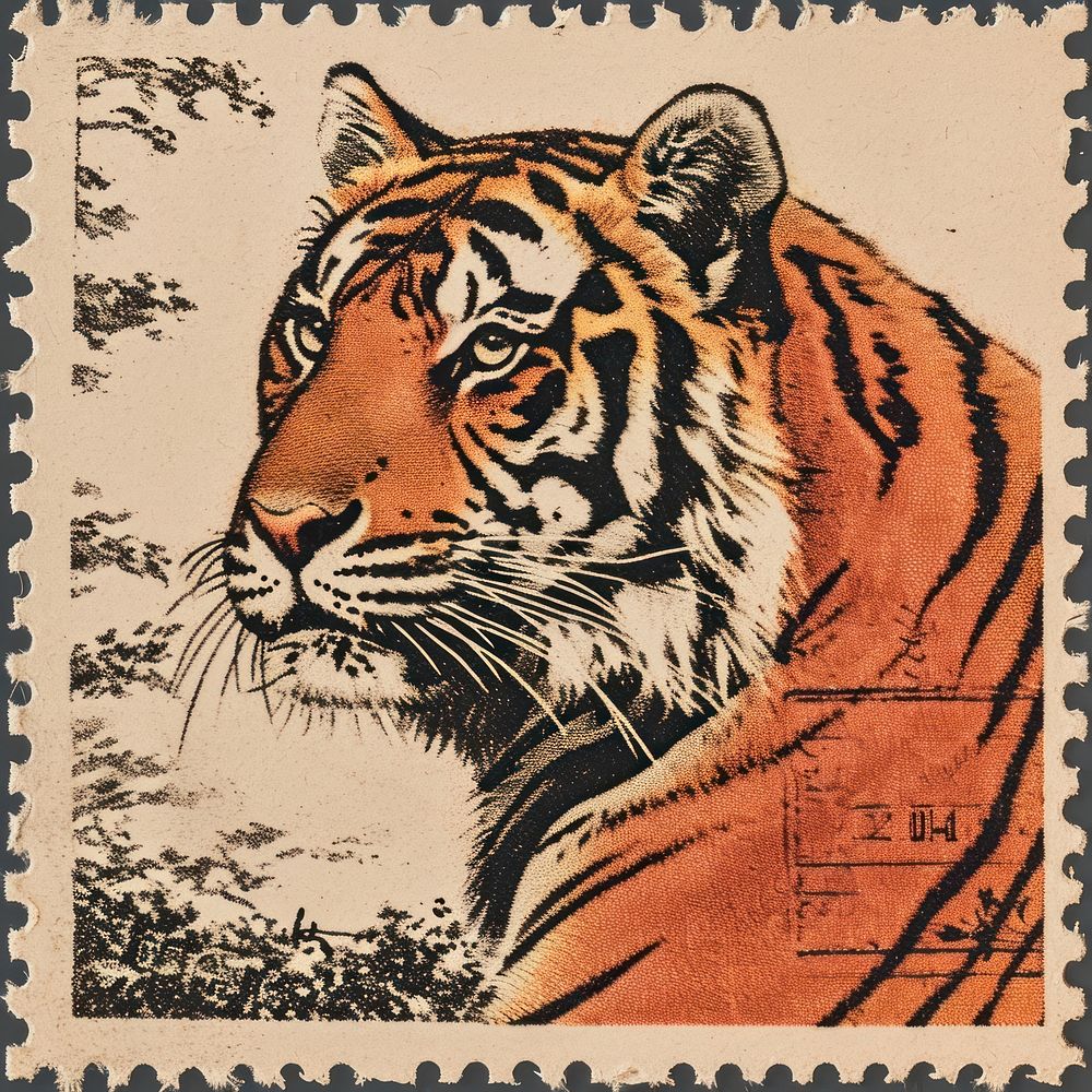 Vintage postage stamp with tiger wildlife animal mammal.