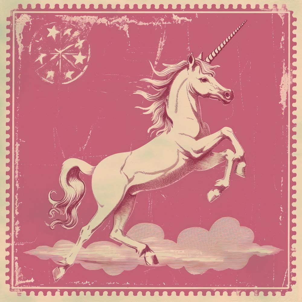 Vintage postage stamp with unicorn animal mammal horse.