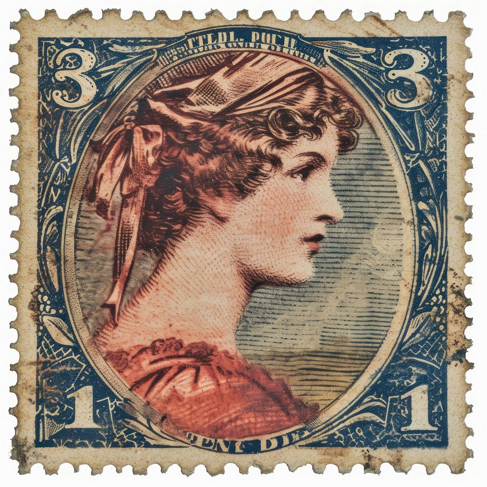 Vintage postage stamp with woman representation architecture creativity.