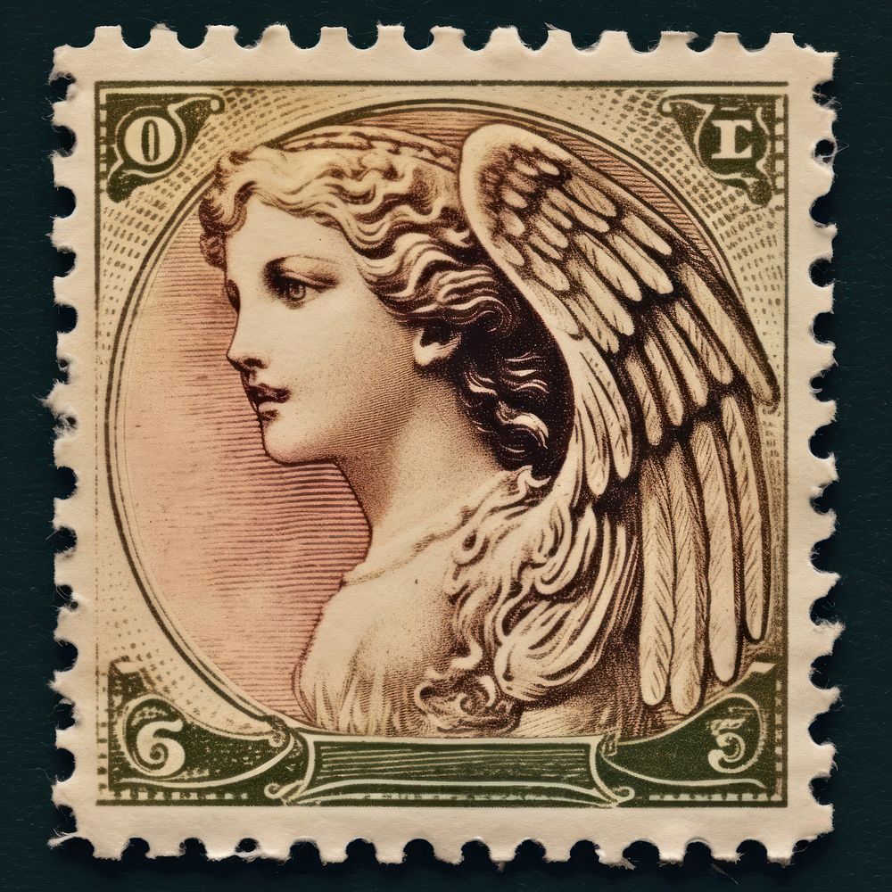 Vintage postage stamp with angel representation creativity elegance.