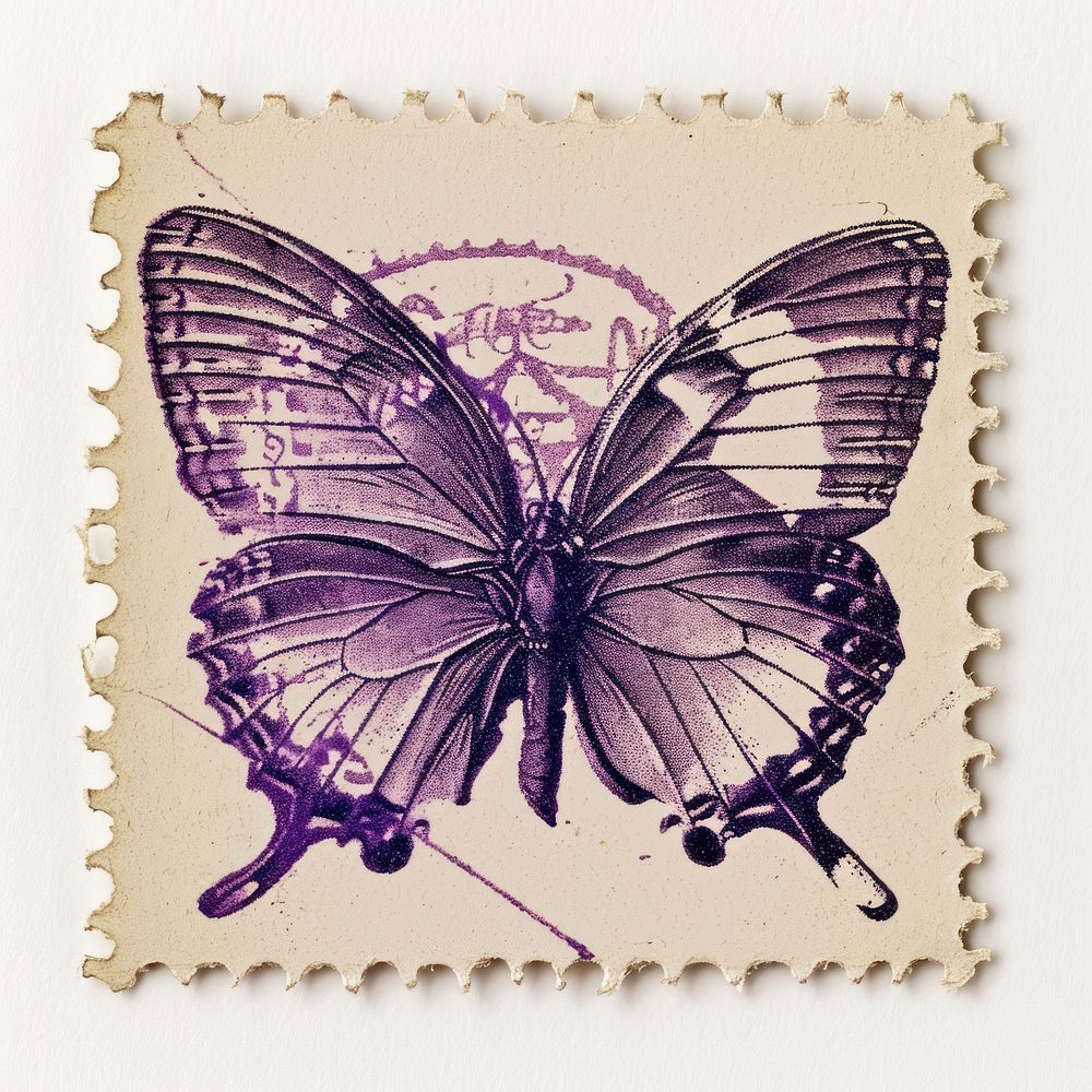 Vintage postage stamp with butterfly animal purple paper.