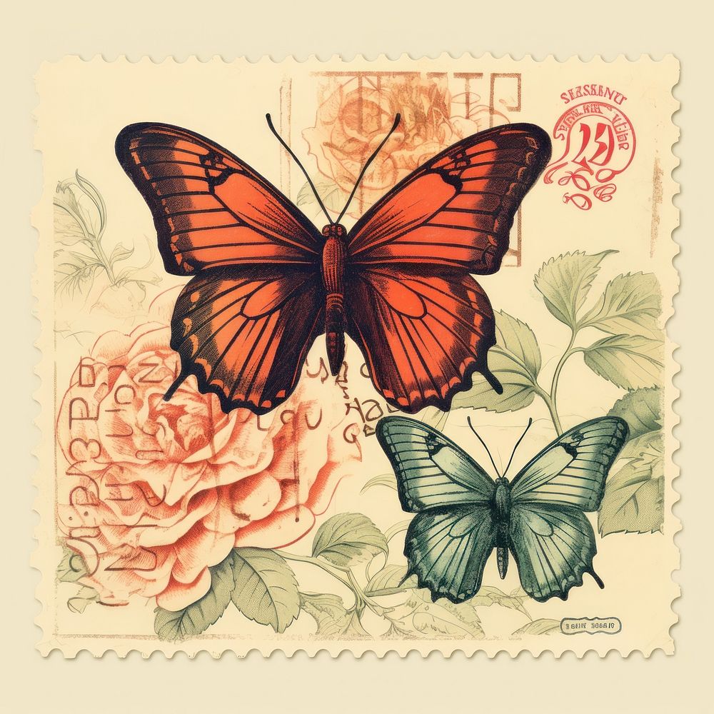 Vintage postage stamp with butterflys paper creativity fragility.