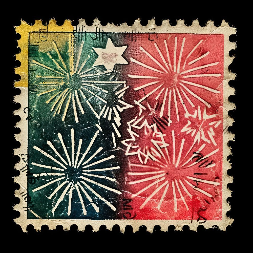 Vintage postage stamp with fireworks creativity pattern letter.