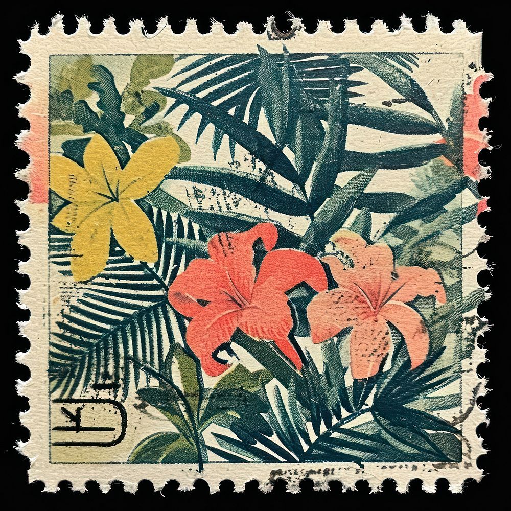 Vintage postage stamp with jungle flower plant creativity.
