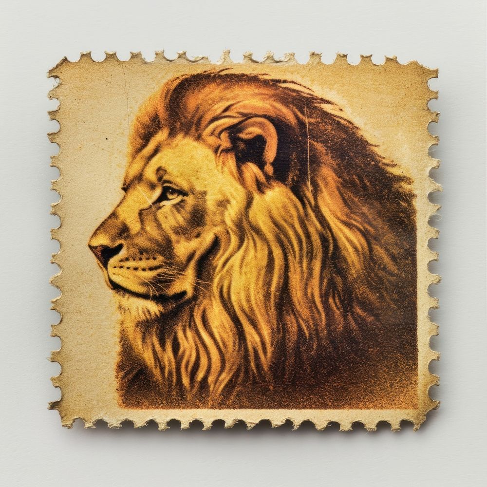 Vintage postage stamp with lion mammal animal representation.
