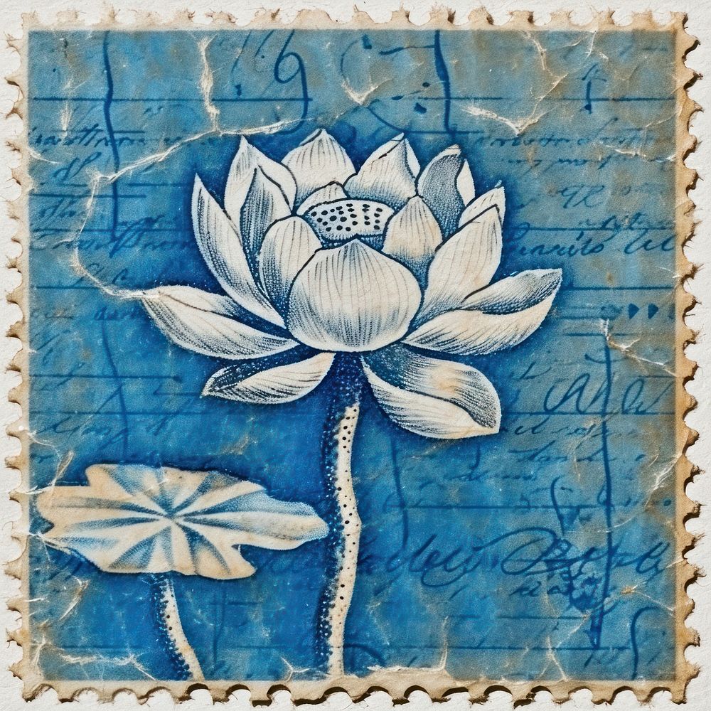 Vintage postage stamp with lotus flower paper blue.