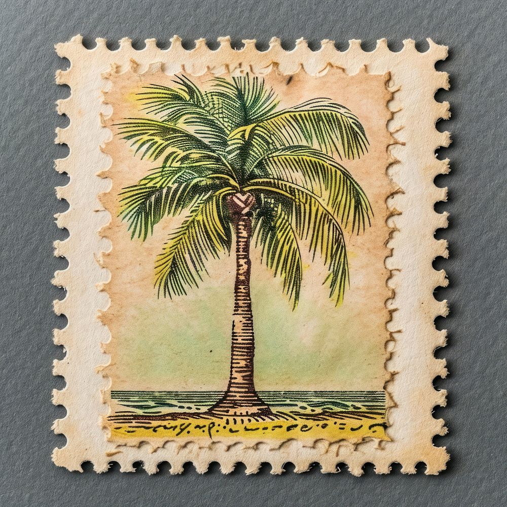 Vintage postage stamp with palm tree plant representation needlework.