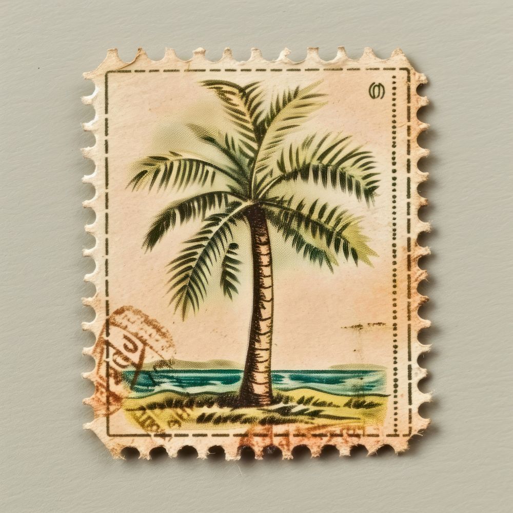Vintage postage stamp with palm tree arecaceae tropics pattern.