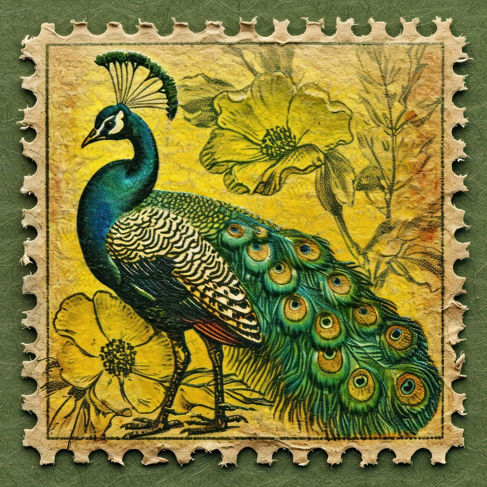 Vintage postage stamp with peacock animal green bird.