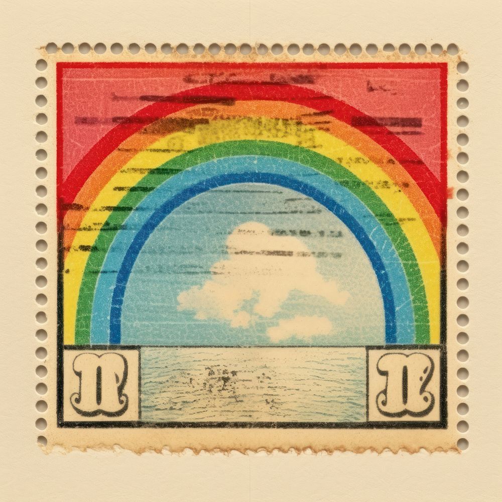Vintage postage stamp with rainbow backgrounds paper needlework.