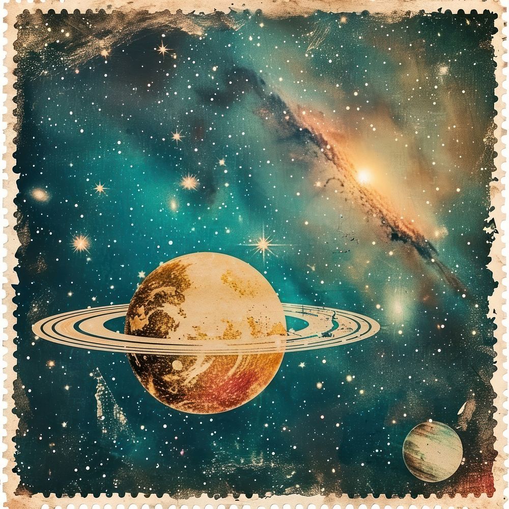 Vintage postage stamp with space astronomy universe galaxy.