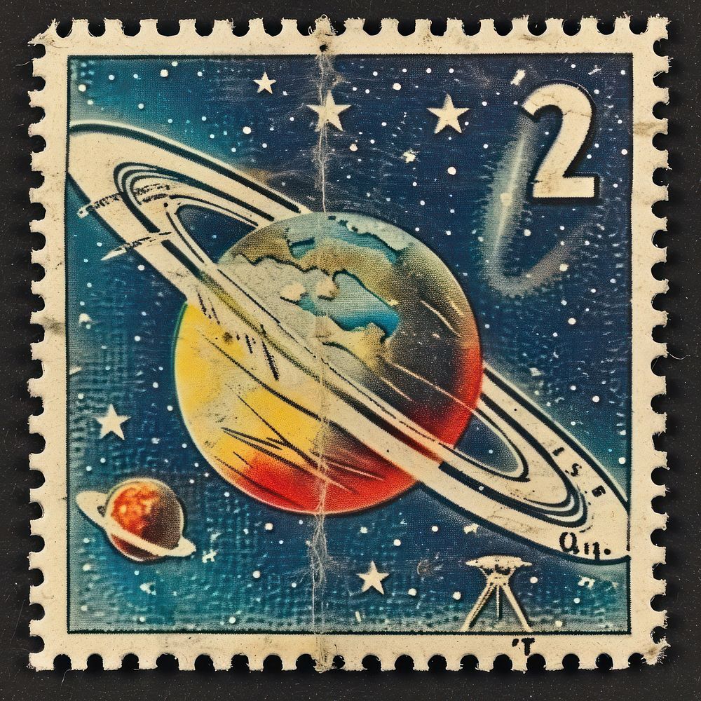 Vintage postage stamp with space astronomy exploration blackboard.