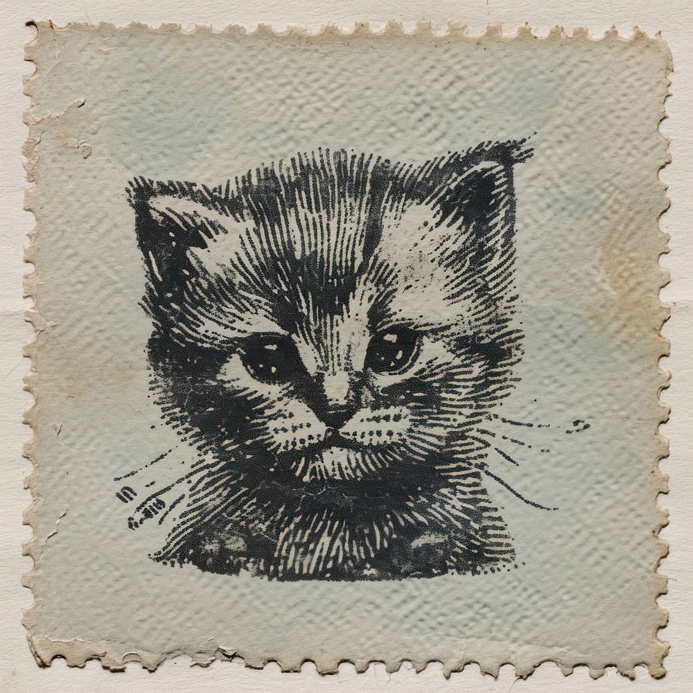 Vintage stamp with a cat animal mammal paper.