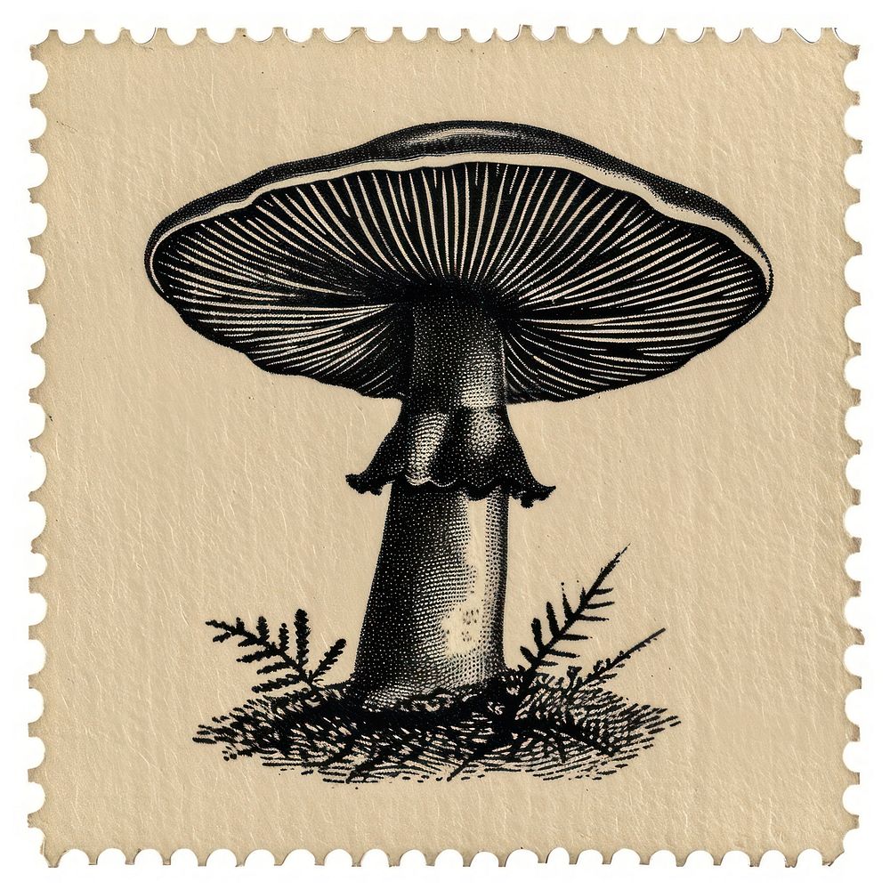 Vintage stamp with mushroom fungus plant agaricaceae.
