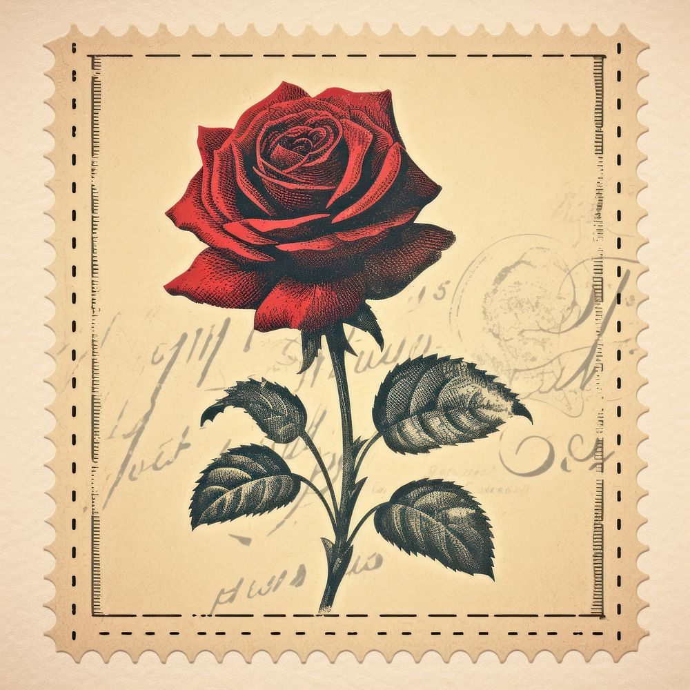 Vintage stamp rose flower plant.
