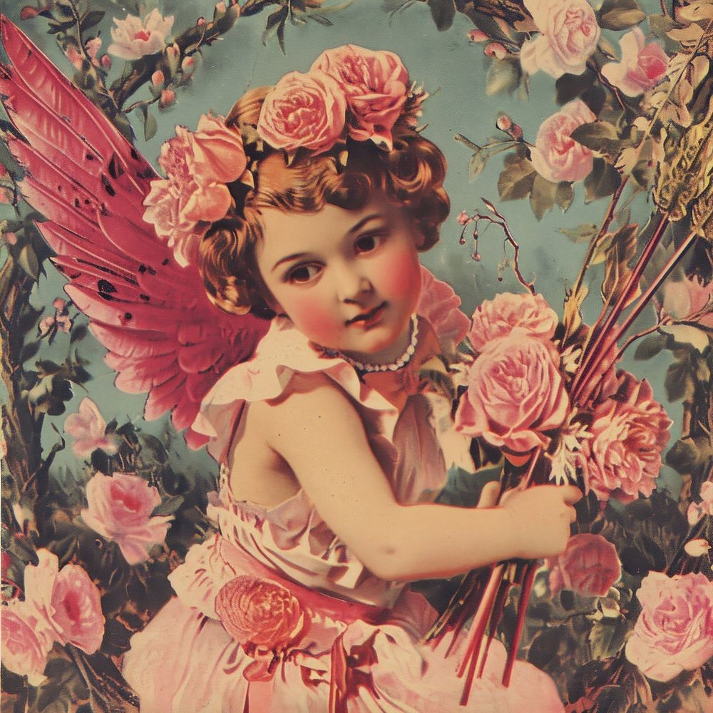 Vintage valentine postcard portrait painting flower.