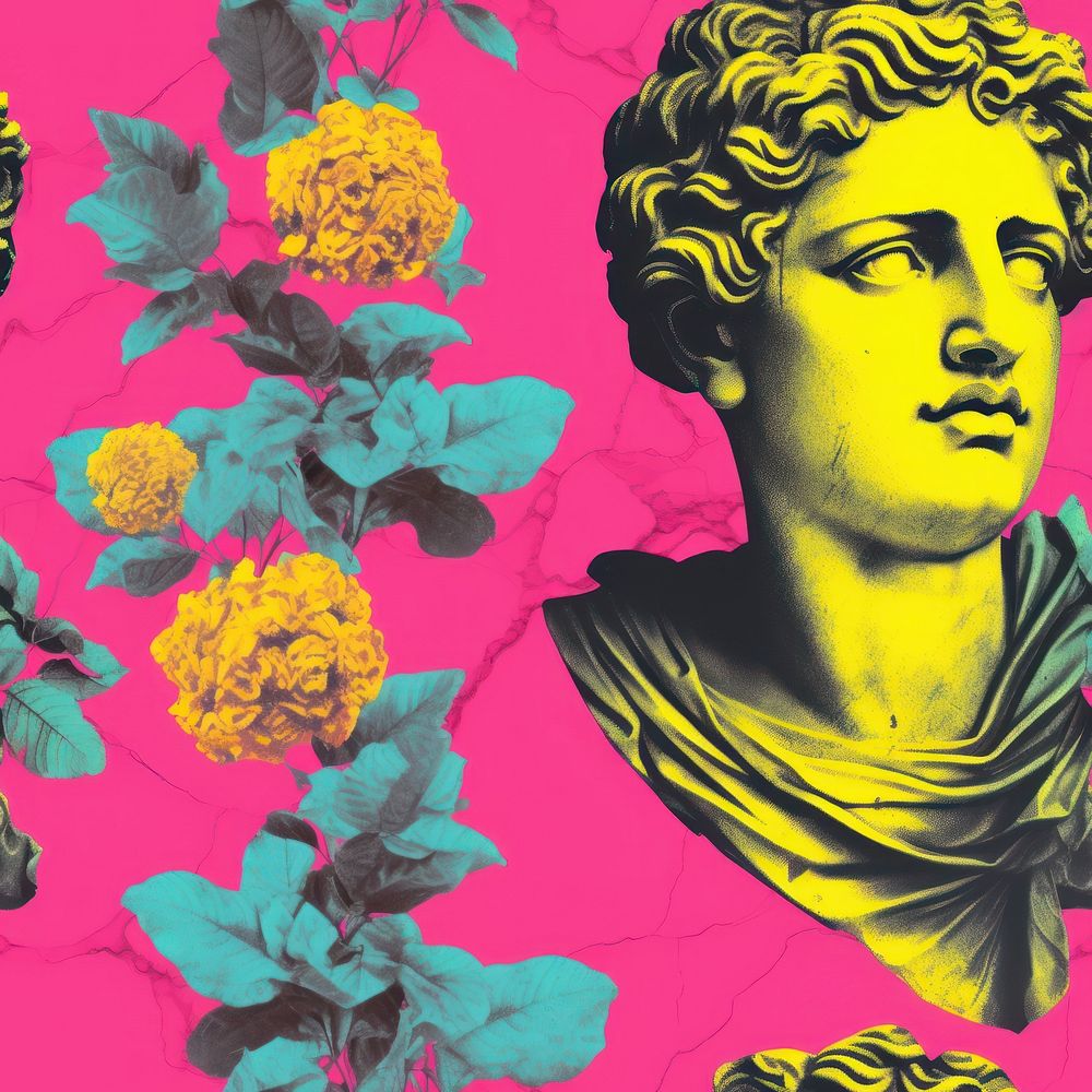 Greek sculpture and rose flower pattern backgrounds painting graphics. AI generated Image by rawpixel.