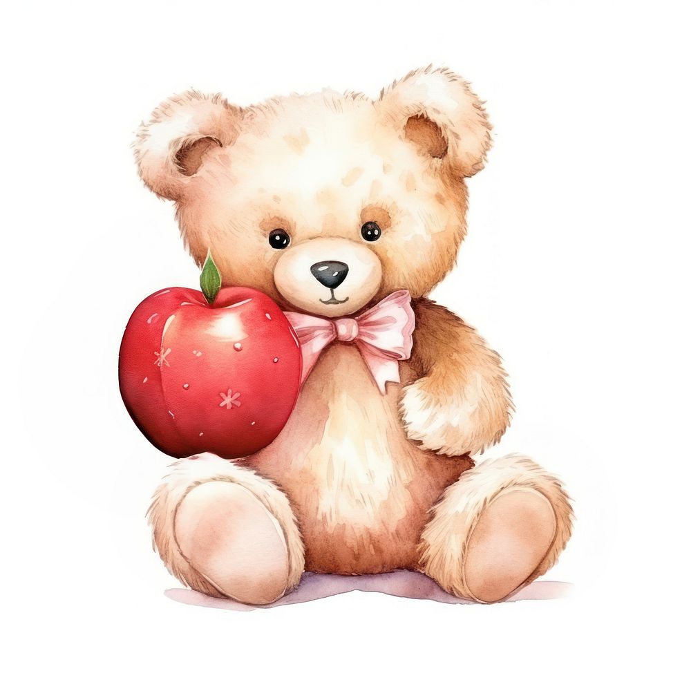 Teddy bear with a red apple cute toy white background.