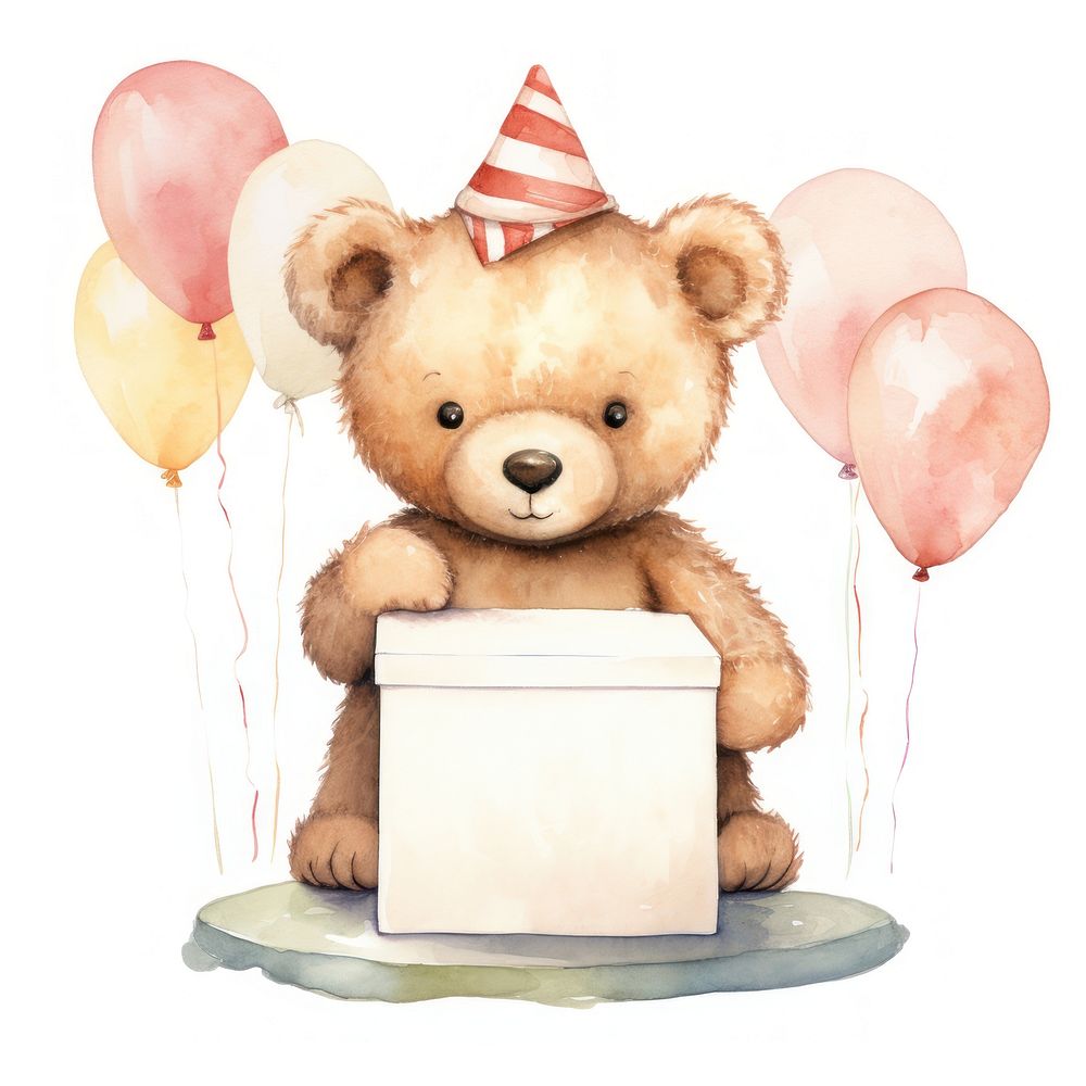 Teddy bear holding a box balloon paper cute.