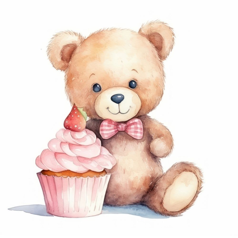 Teddy bear with a cupcake dessert food cute.