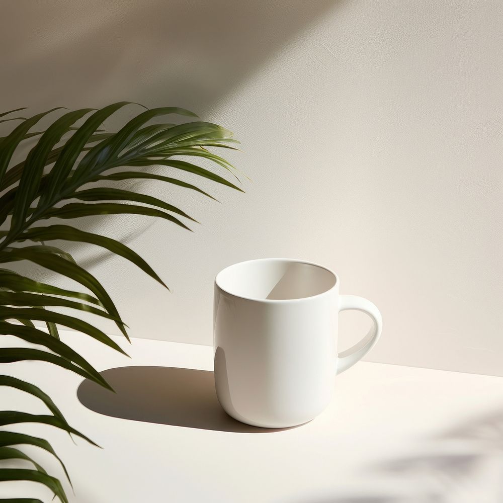 White mug coffee drink plant.