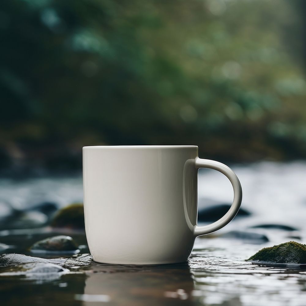 A mug on stream of water coffee drink cup.