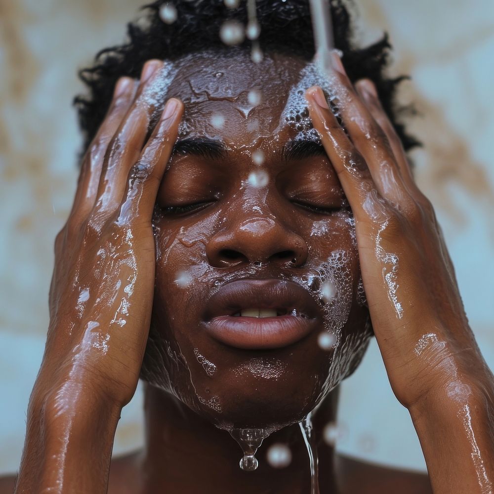 African american man washing dreadlocks showering.