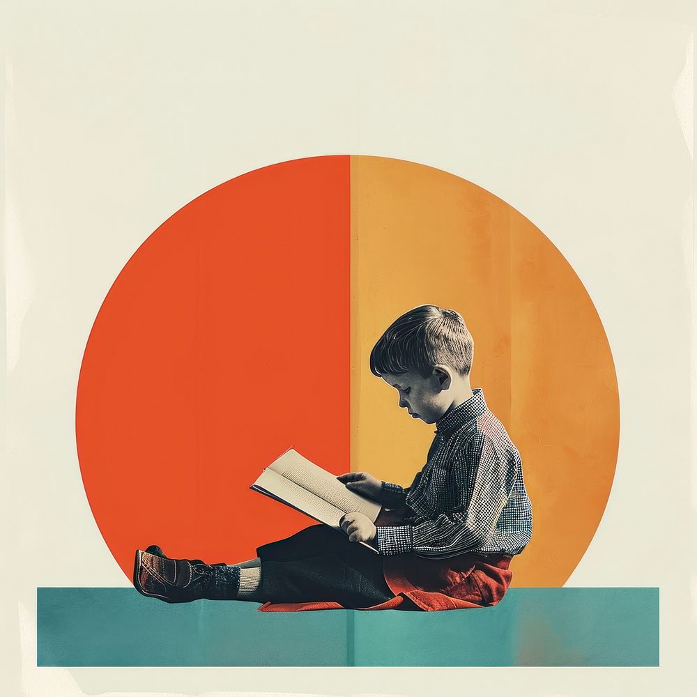 Retro collage of a young boy reading sitting painting.