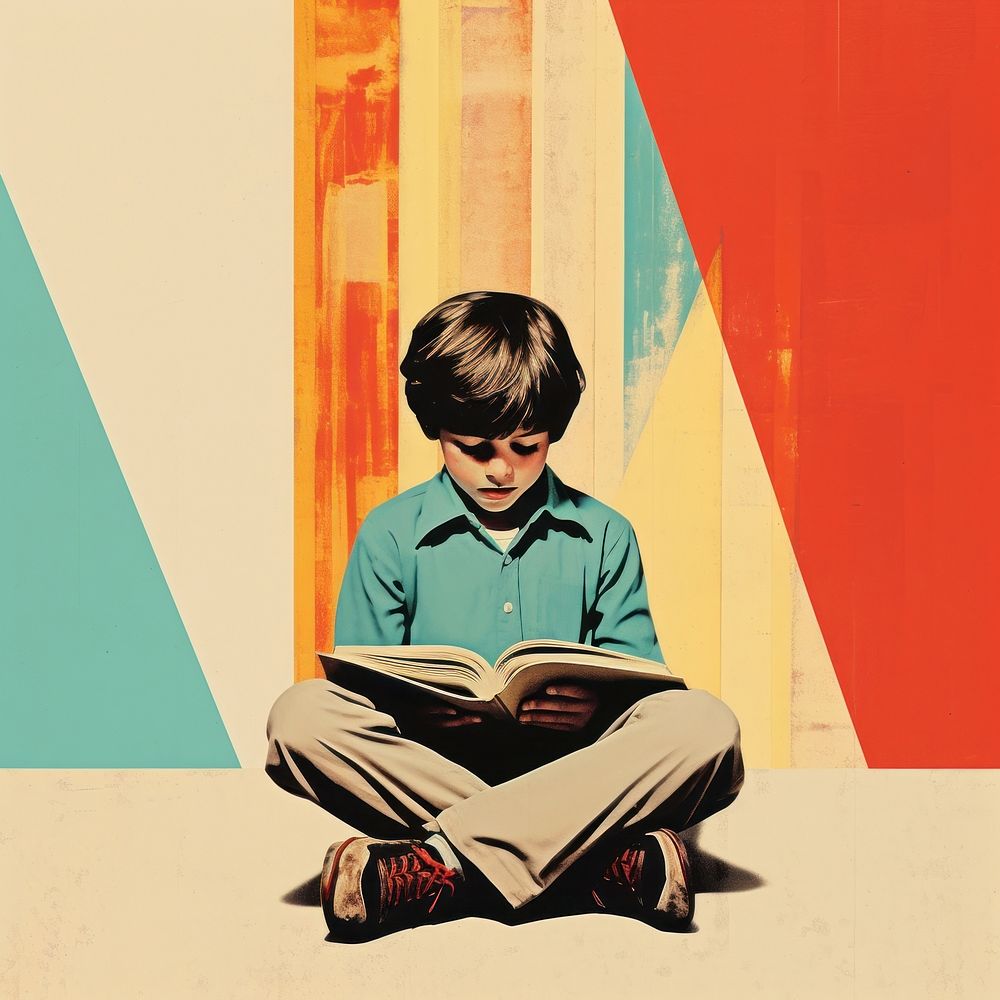 Retro collage of a young boy sitting reading book publication.