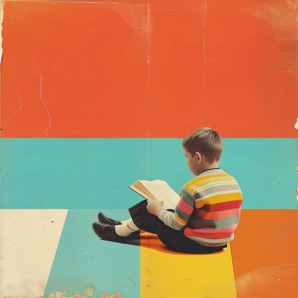 Retro collage of a young boy sitting reading person human.