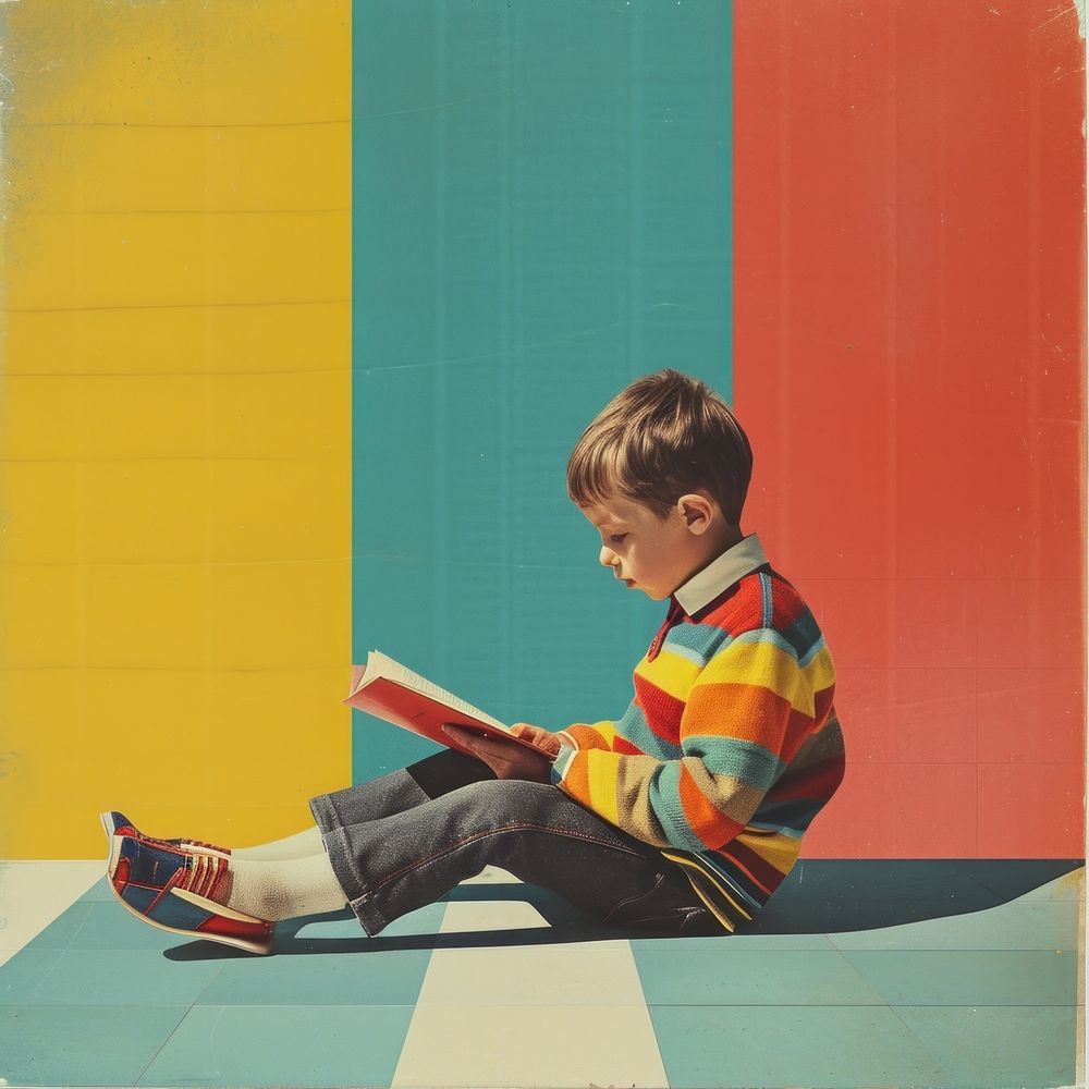Retro collage of a young boy sitting reading photography clothing.